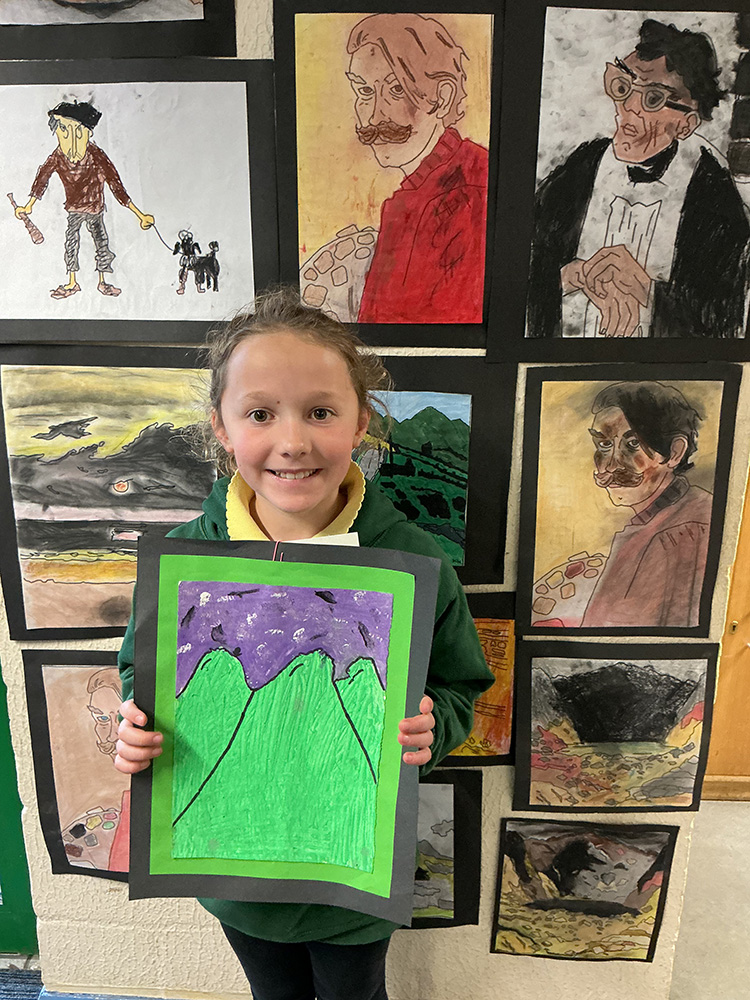 A Year 4 boy holding his artwork which imitates the style of the artist Kyffin Williams with a green background