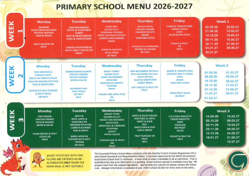Primary School Menu 2026 - 2027